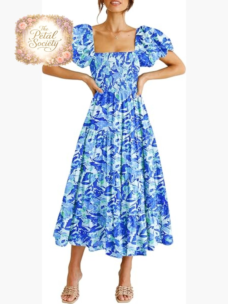 Women's Summer Midi Dress Puffy Sleeve Square Neck Smocked Tiered Ruffle